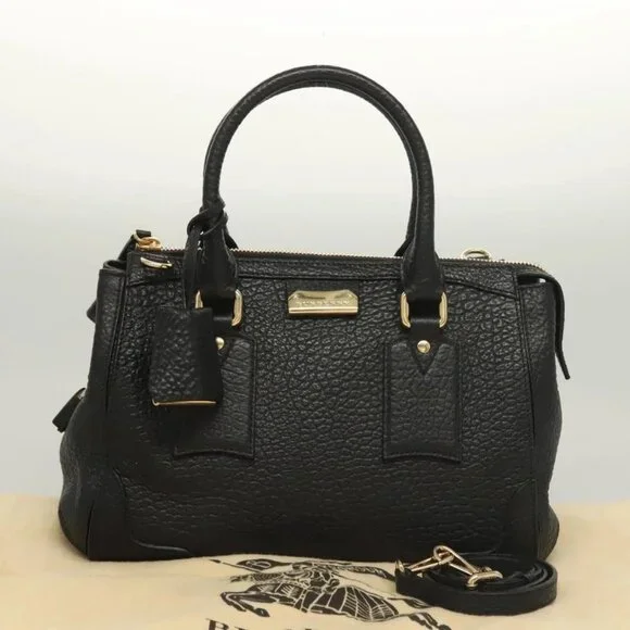 BURBERRY Hand Bag Leather 2way Black Gold Auth mr1365 - Picture 15 of 16